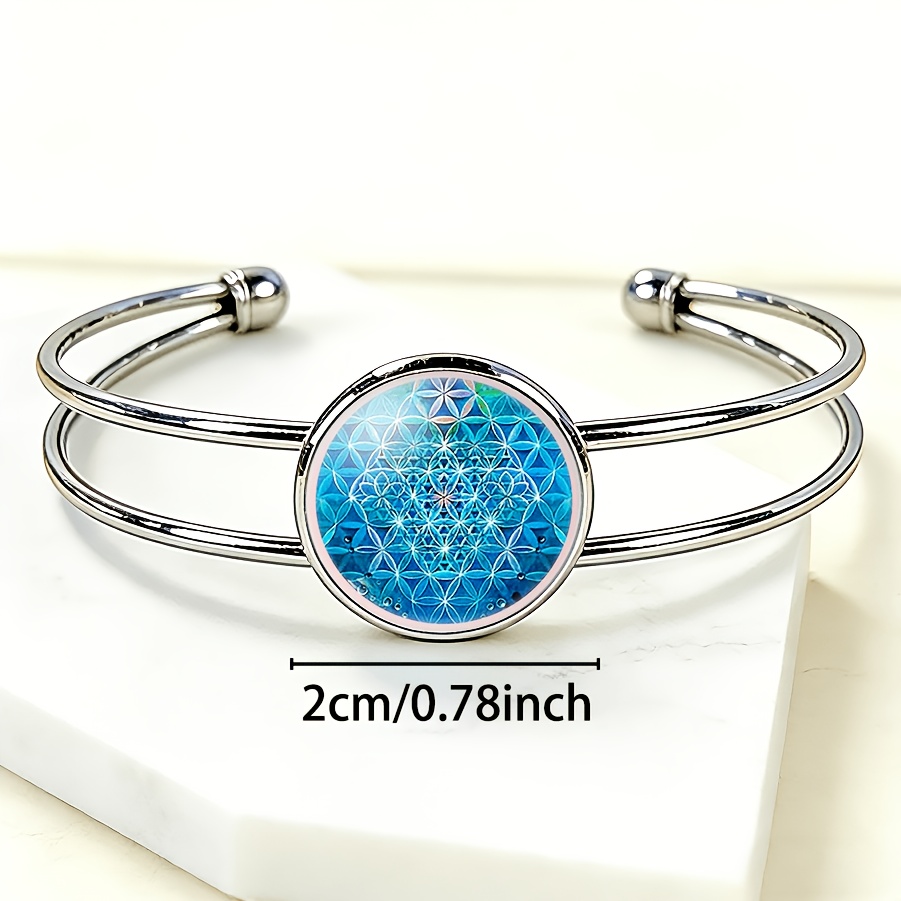 Women's Adjustable Open Bangle with Round Time Gemstone Inlay, Geometric Design